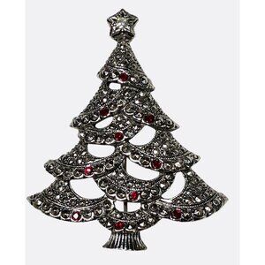 Avon Vintage Christmas Tree Brooch Pin With Rhinestones & Red Accent Stones